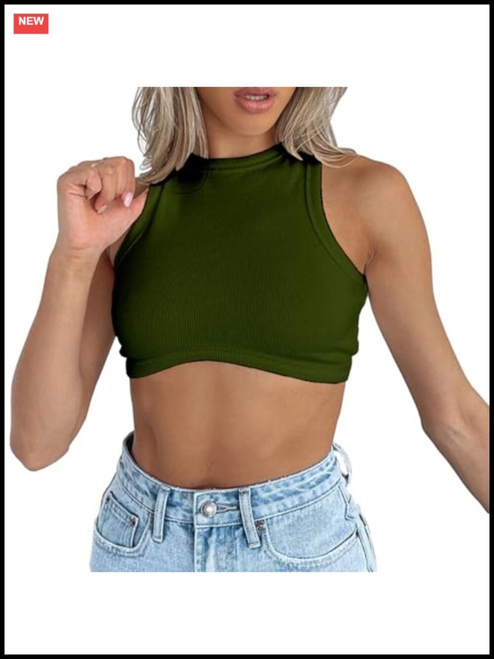 Cotton Ribbed Knit Sleeveless Crop Tank Top Crew Neck Fitted